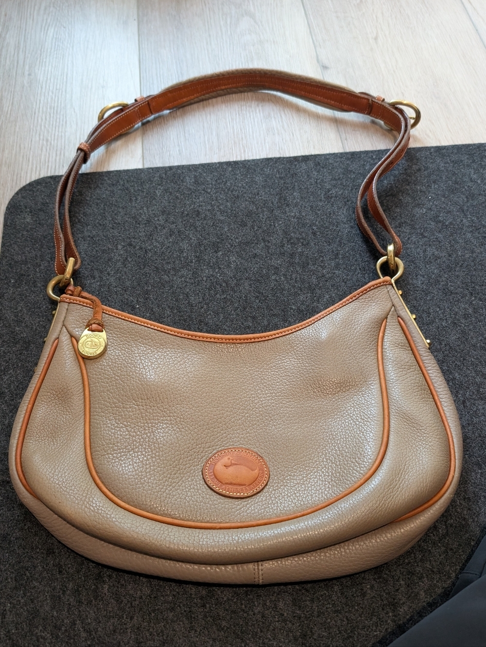 VINTAGE Dooney & Bourke Pebble Leather Hobo Bag in Taupe with Tan Trim